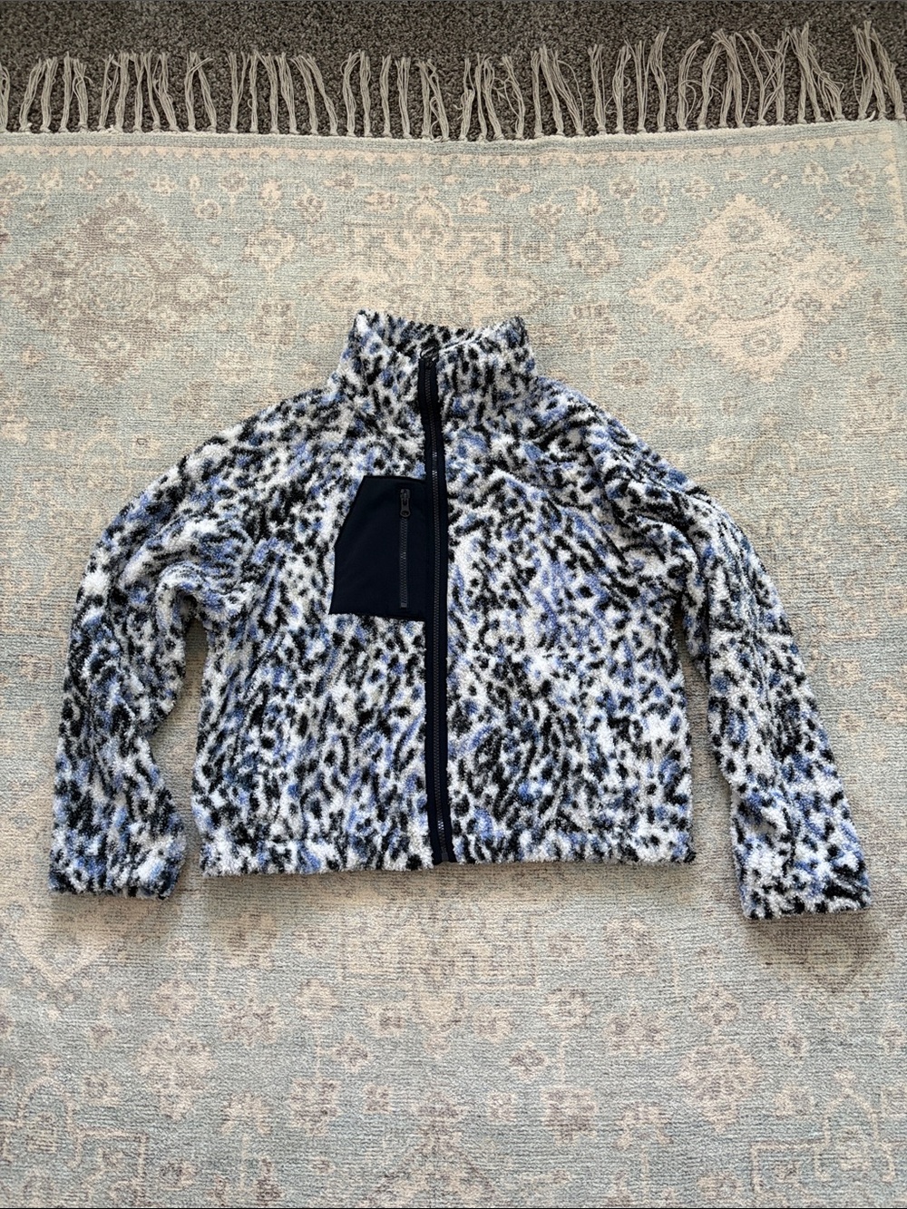 Sage Leopard-Print Teddy Jacket in Blue, Black & White